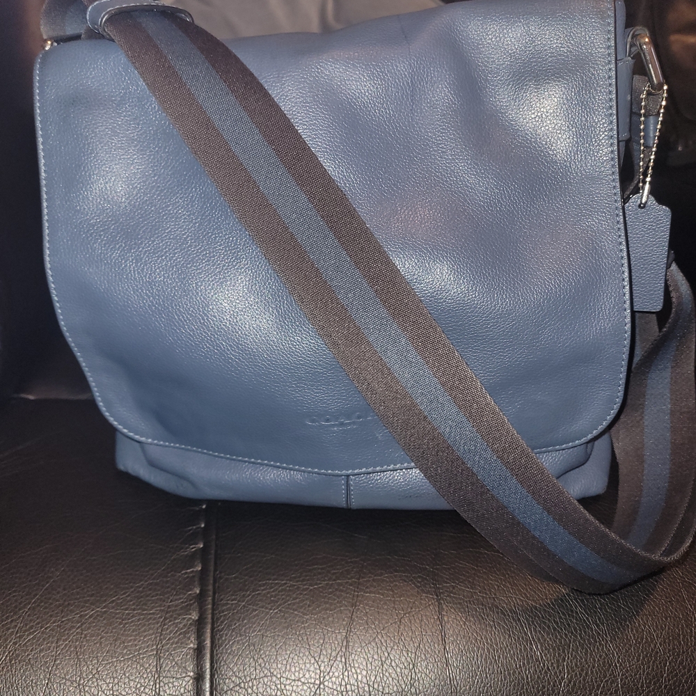 Coach Blue Leather Crossbody Messenger Bag with Striped Strap